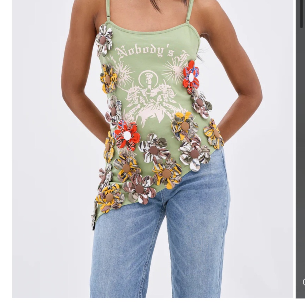 AKIRA Light Green Floral-Appliqué Asymmetric Cami